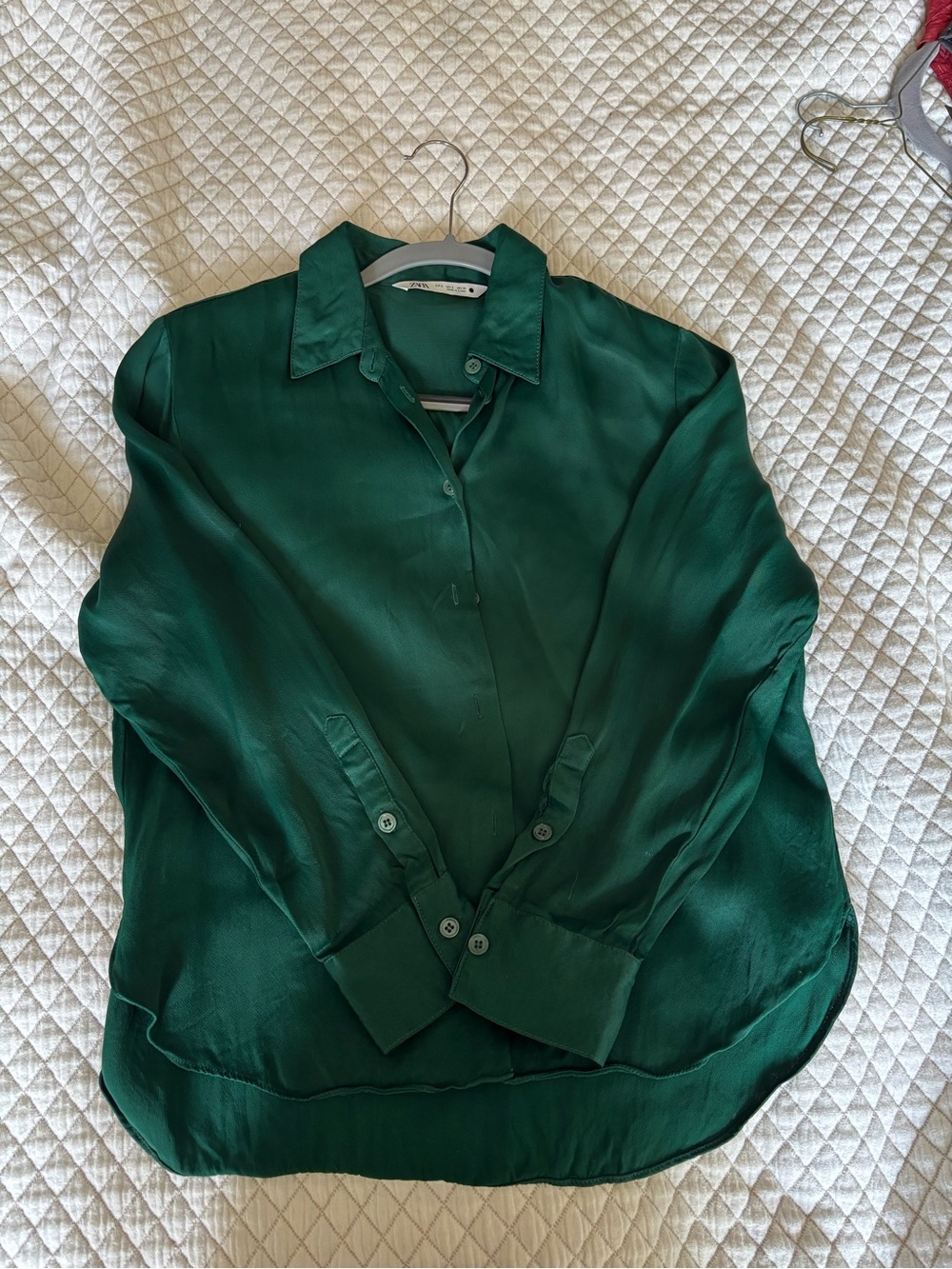 Zara Silky Emerald Green Button-Up Blouse